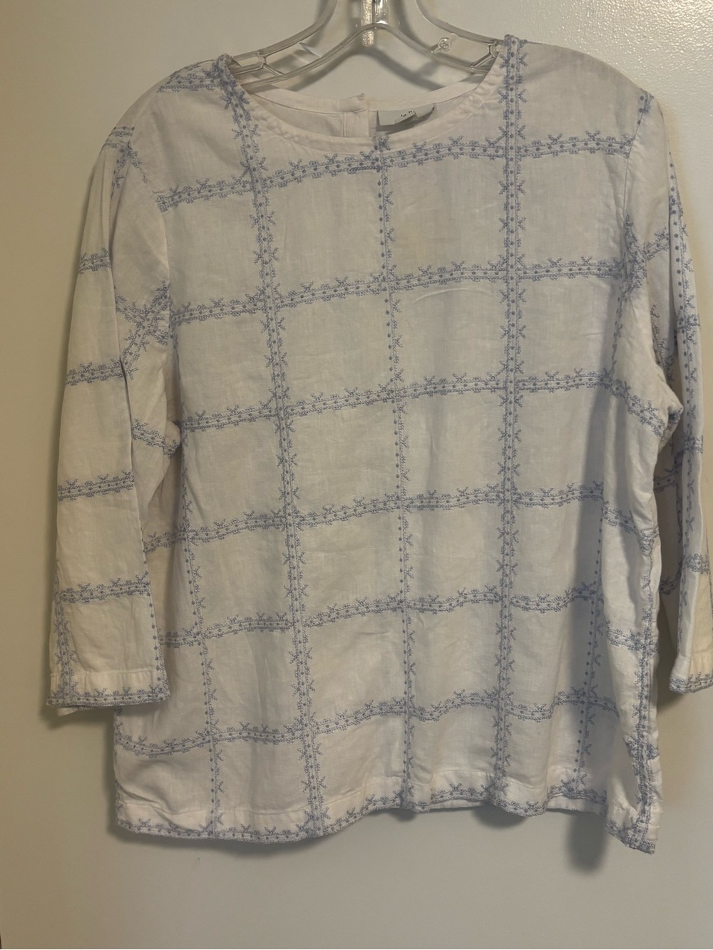 J. Jill White Linen Top with Pale Blue Grid Embroidery